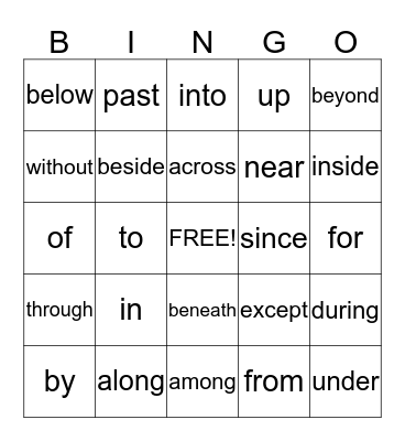 Preposition Bingo Card