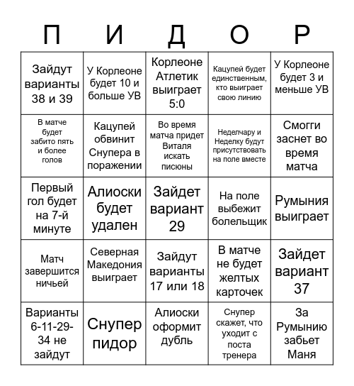 Бинго на матч Северная Македония - Румыния Bingo Card