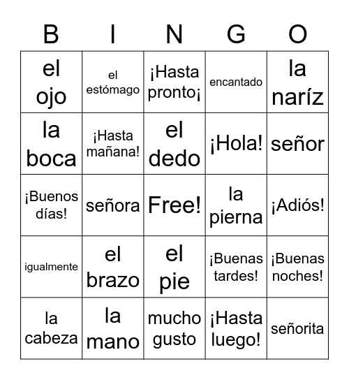 Body Parts/ greetings/titles/goodbye/ect. Bingo Card