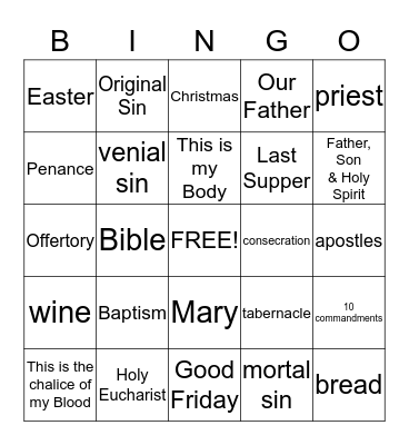 Grade 2: Religious Education Bingo Card