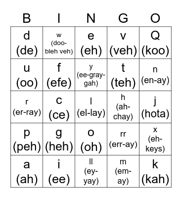 Spanish Alphabet Bingo Card
