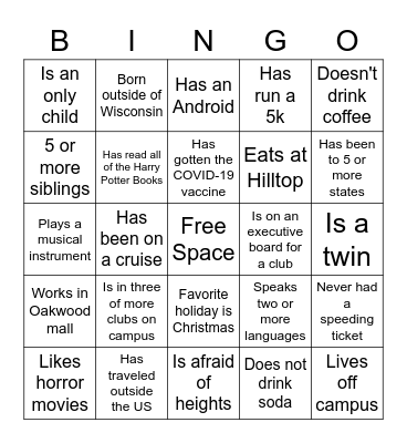 Get To Know You Bingo Card