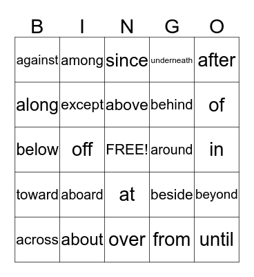 Prepostion Bingo Card