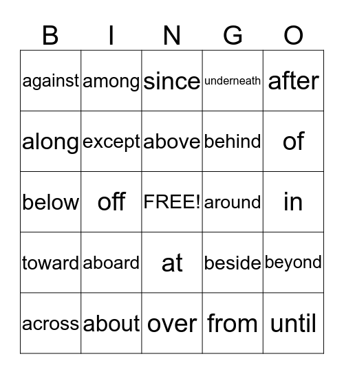 Prepostion Bingo Card