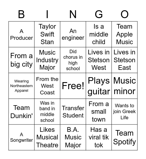 Music at NU BINGO Card