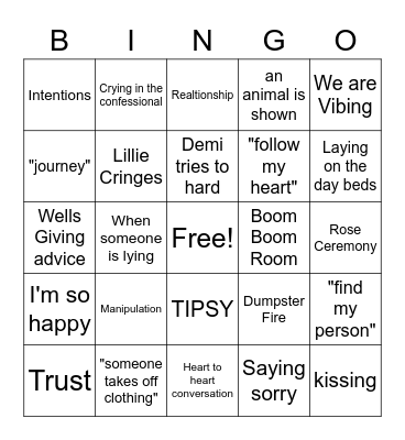 Bachelor in Paradise Bingo Card