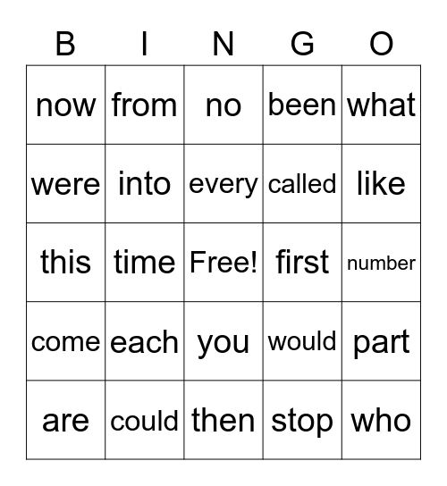 Sight Word (Level A) Bingo Card