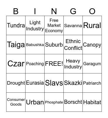 Russia Vocabulary Bingo Card