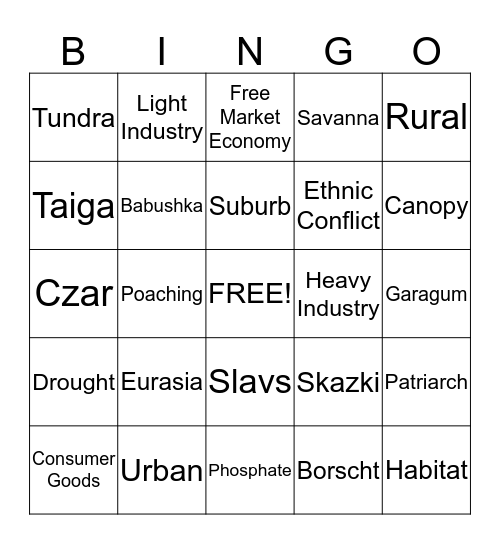 Russia Vocabulary Bingo Card