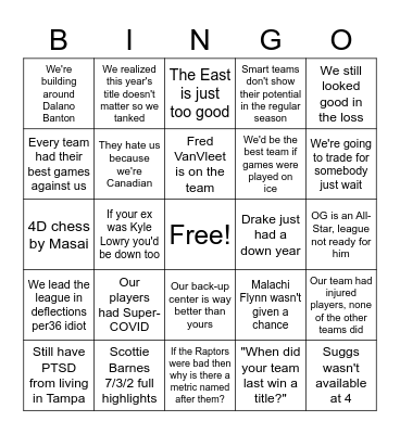 Raptors Excuse Bingo Card