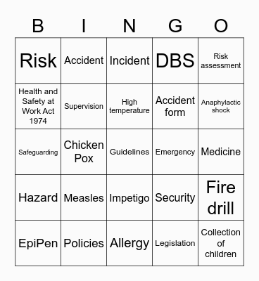 Health and Safety Bingo Card