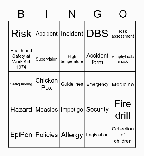 Health and Safety Bingo Card