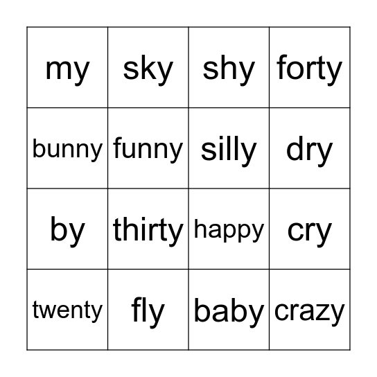 ending in y Bingo Card