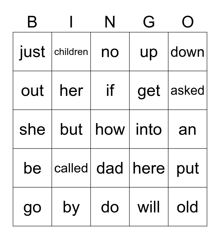 High Frequency Words Bingo Card