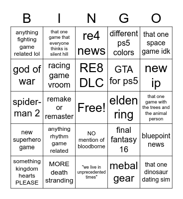 PlayStation Showcase Bingo Card