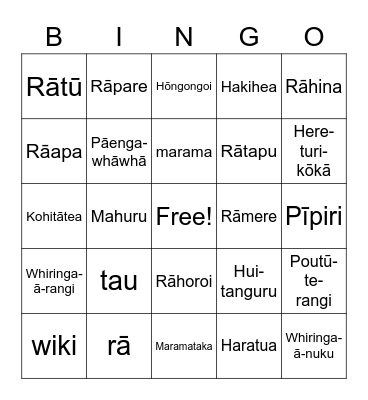 Maramataka Maori Bingo Card