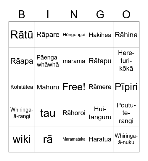 Maramataka Maori Bingo Card