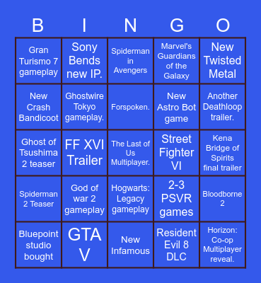 PlayStation 5 Showcase September 2021 Bingo Card