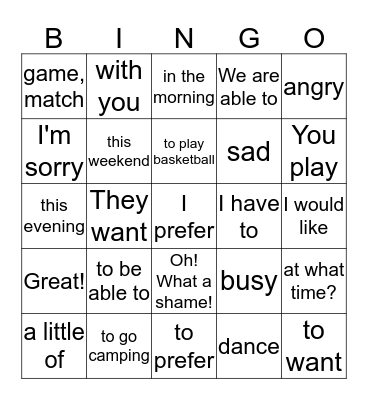 Español 1 Cap. 4B  Bingo Card