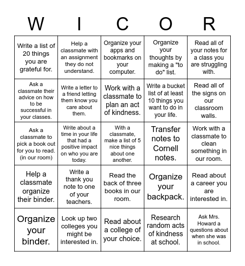 WICOR Bingo Card