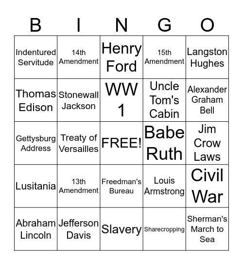 5th Grade Bingo Card