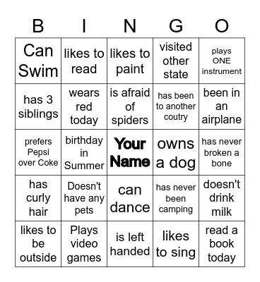 Get to know each other Bingo Card