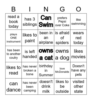 Get to know each other Bingo Card