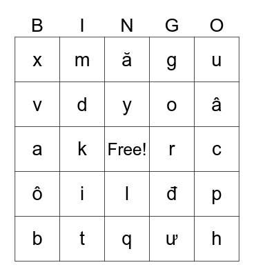 29 Mẫu Tự (Alphabet) Tiếng Việt Bingo Card