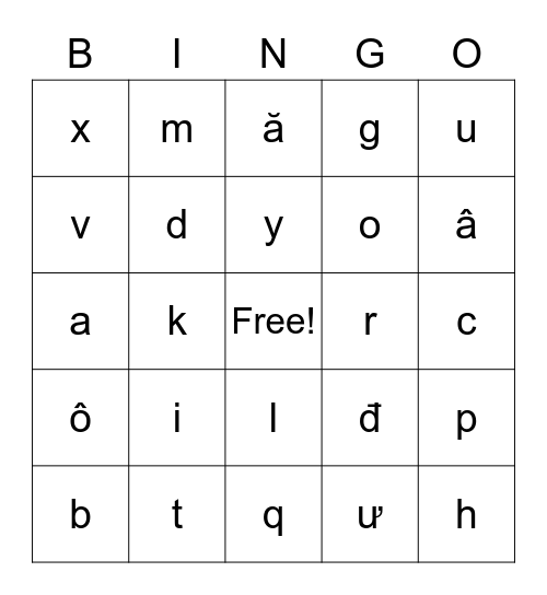 29 Mẫu Tự (Alphabet) Tiếng Việt Bingo Card