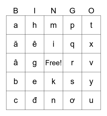 29 Mẫu Tự (Alphabet) Tiếng Việt Bingo Card