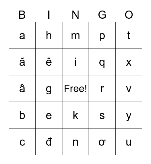 29 Mẫu Tự (Alphabet) Tiếng Việt Bingo Card