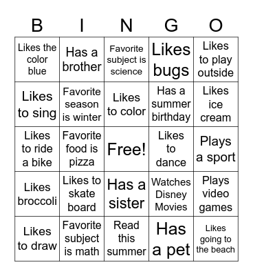 All About Me Bingo Card