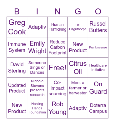 DoTERRA Evolve 20201 Bingo Card