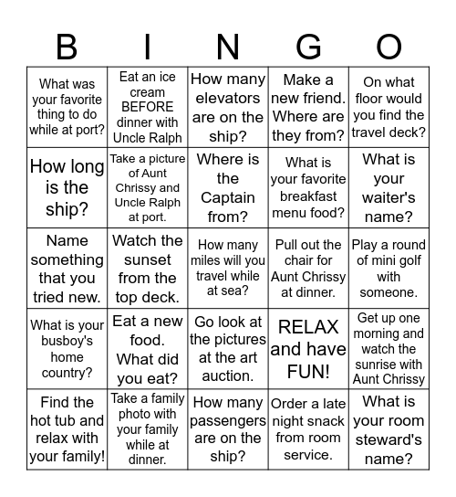 Cruise with my Family Bingo Card