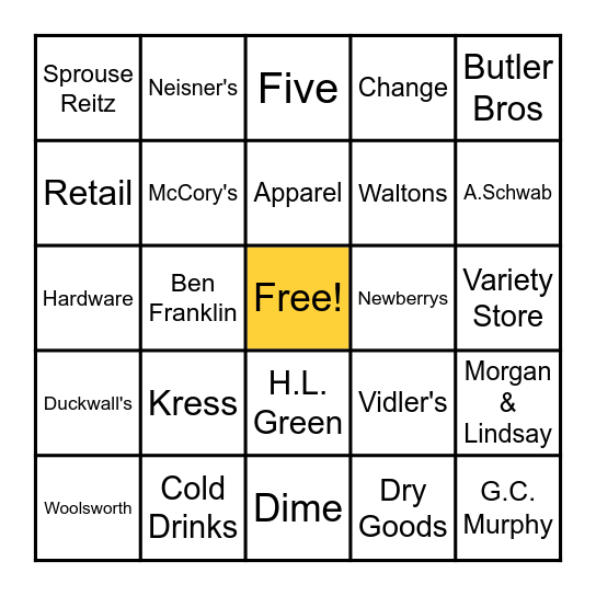Five & Dime Bingo Card