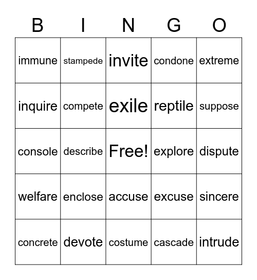 VCE WORDS Bingo Card