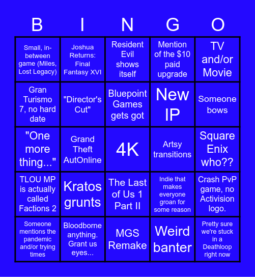 PS Showcase Bingo Card