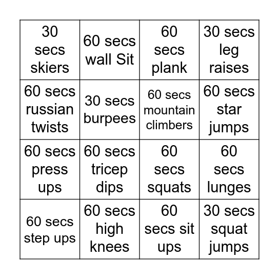 Y10 Fitness Bingo Card