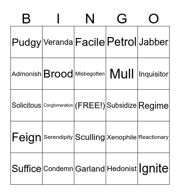 Vocabulary Bingo! Bingo Card