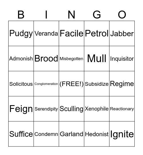 Vocabulary Bingo! Bingo Card