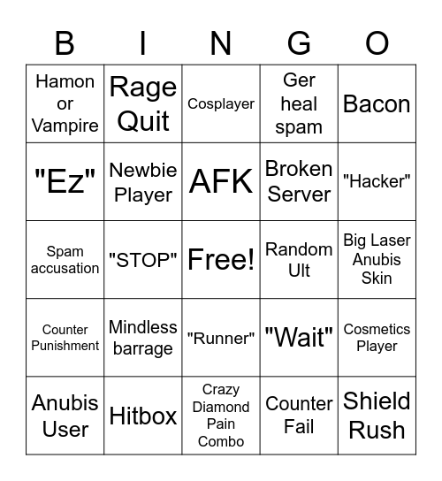 n the jojo game Bingo Card