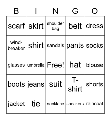 Clothes Bingo Card