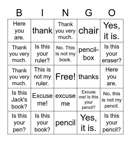 VanThink English 1A Lesson 2 Bingo Card