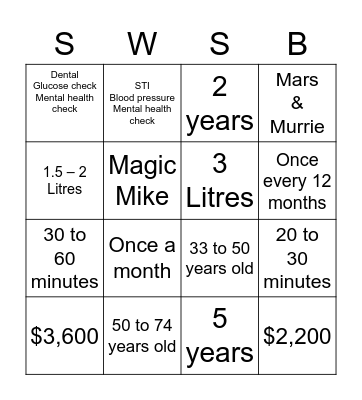 SWSB Women's Health Week Bingo Card