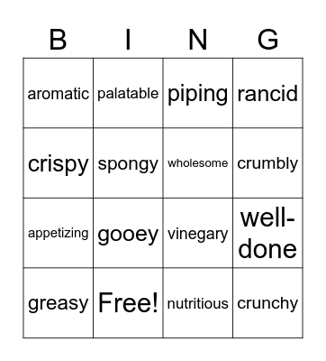 Adjectives about food Bingo Card