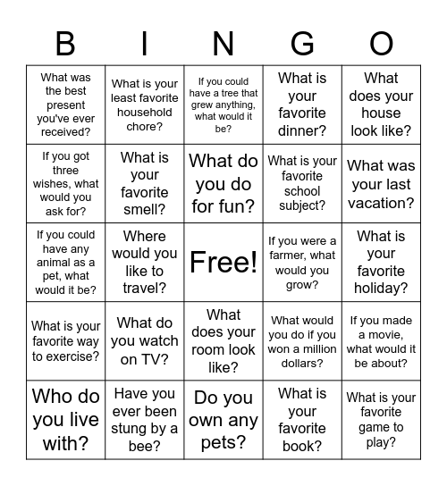 Open Ended Questions Bingo Card
