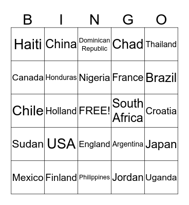 Nations Bingo Card