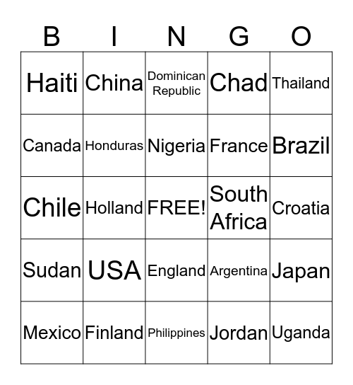 Nations Bingo Card