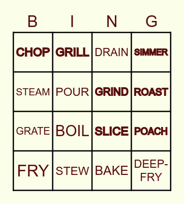 Cooking methods Bingo Card