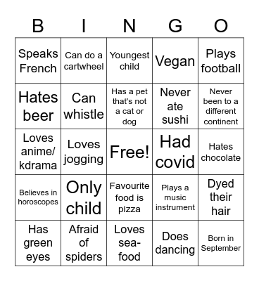Get to know each other Bingo Card